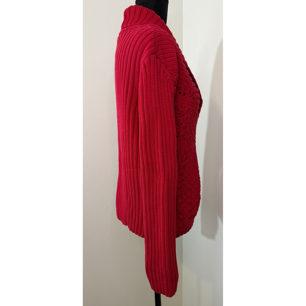 Chicos‎ Red Knit Shawl Collar Button Front Cardigan Sweater Size 2 - Picture 2 of 4